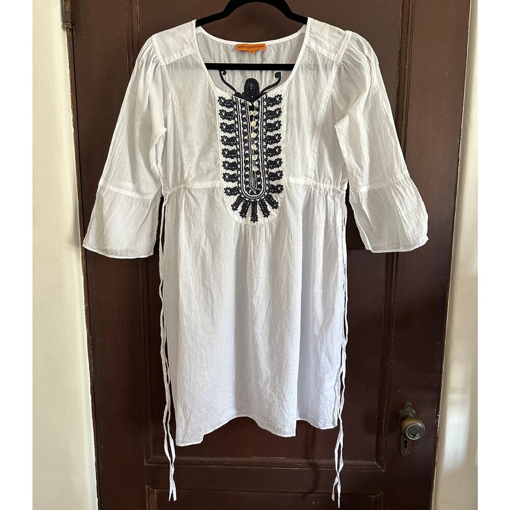 Roberta Freymann | White Lightweight Cotton Embroidered Bell Sleeve Dress | XS